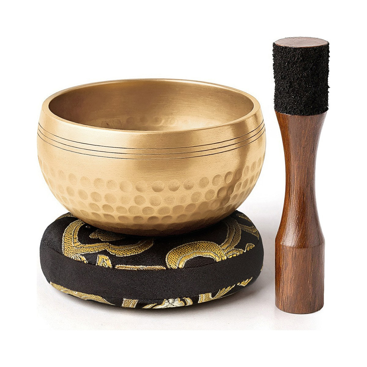 Golden Stillness pale gold singing bowl with its cushion and wooden striker